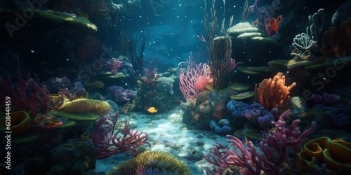 Undersea world. Coral reef and fish. Generative AI