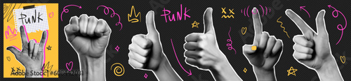Photo Trendy punk halftone collage hands set