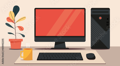 home office workspace concept, blank screen desktop computer on desk with CPU, keyboard, mouse, cup, large mouse pad, and plant, vector flat illustration photo