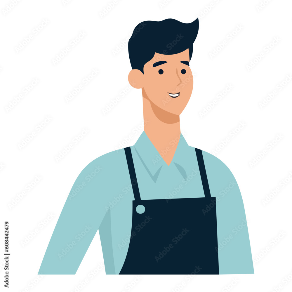 Standing man in aprons, cheerful and successful