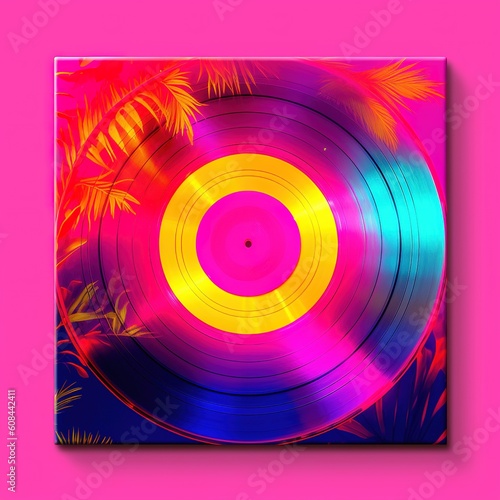 Vinyl record in neon fluor color. Longplay lp.  70´s and  80´s disco music. Macro view background photo