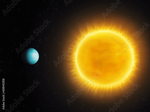 Fototapeta Naklejka Na Ścianę i Meble -  Star in space next to the planet. Exoplanet in the field of gravity of the sun.