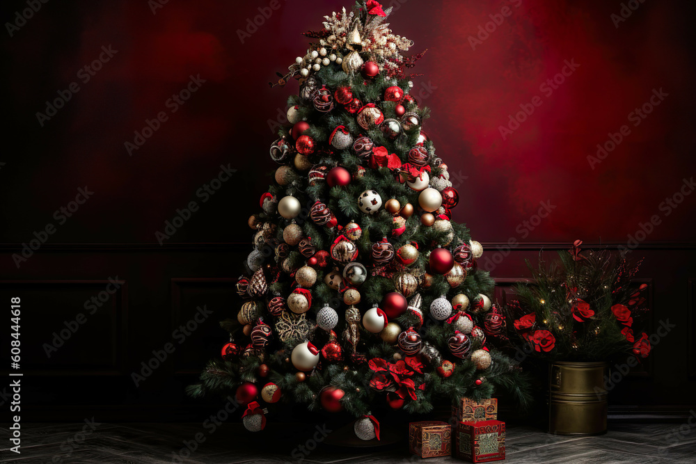 Artificial Intelligence Generated Christmas Tree with Red and White Decorations in Dark Red Shades. Generative AI
