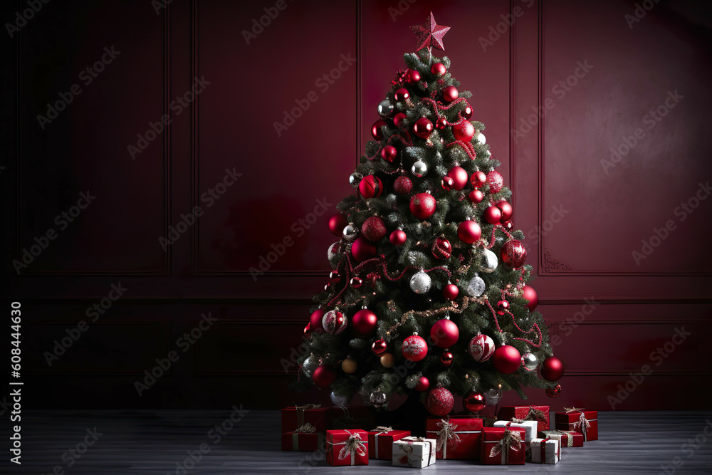 AI-Generated Festive Christmas Tree with Red and White Ornaments in Dark and Light Red Tones. 