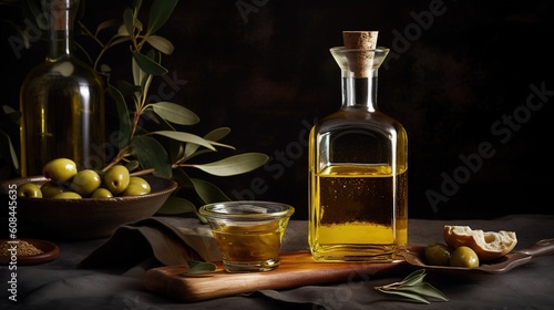 a bottle of extra virgin olive oil on a rustic background in a dark key. Generated AI