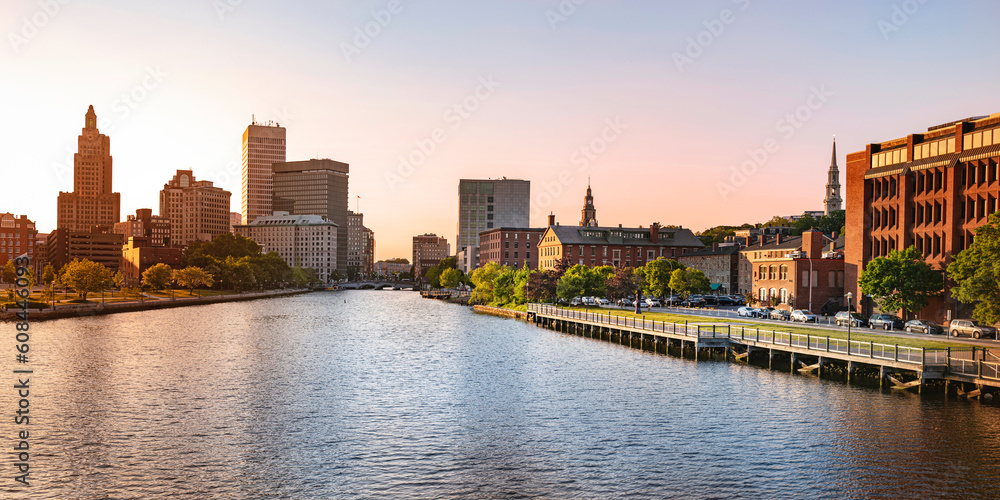 Providence downtown skyline and buildings at sunset over Providence River Walk, Rhode Island, a beautiful modern city with natural parks and open space