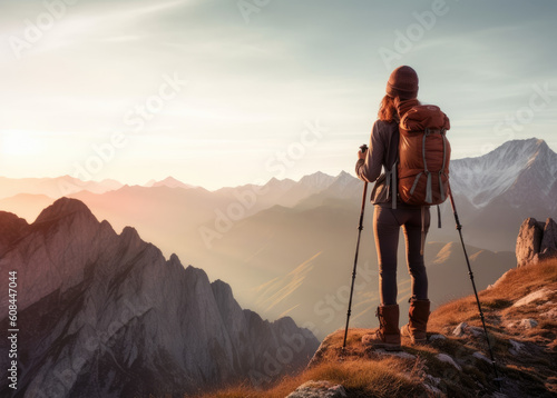 Silhouette of a woman with trekking poles looking on a mountain at sunset. Adventure, Hiking and awe-inspiring landscapes concept. AI Generative