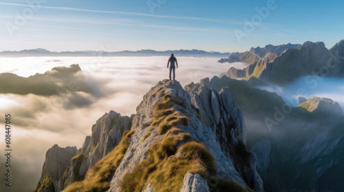 Silhouette of a hiker on a mountain peak at sunrise dawn. Active life, travel, winter, trekking, and nature concept. AI Generative