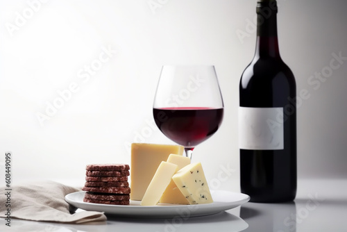 Red wine and plate of cheese. Generative AI