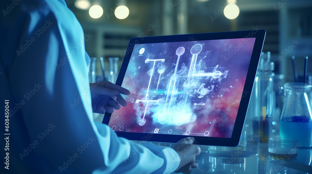 Scientist studying and developing new medicine, cure and vaccines on a futuristic screen display with technological features in his medical laboratory