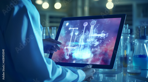 Scientist studying and developing new medicine, cure and vaccines on a futuristic screen display with technological features in his medical laboratory