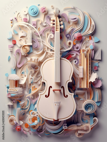 3d rendering hand cut paper of music and instrumental elements