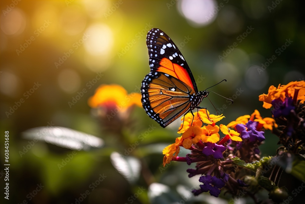 A closeup shot of a lovely butterflies with big wings sitting on a flowe A closeup shot of a lovely butterflies with big wings sitting on a flowe
