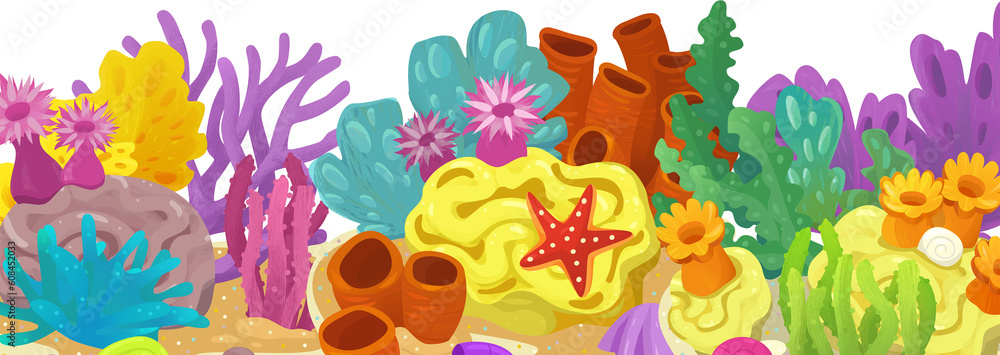 cartoon scene with coral reef garden isolated element frame border for text illustration for children