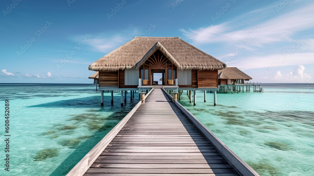 A lovely beach house with a wooden jetty