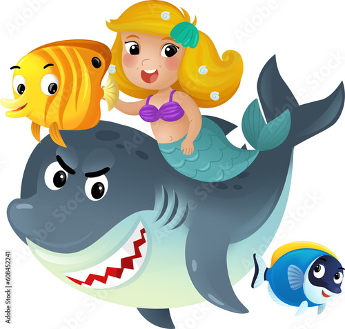 cartoon scene with mermaid princess and shark swimming together having fun with coral reef fishes isolated illustration for kids