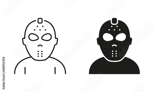 Scary Jason Mask for Halloween Party Line and Silhouette Black Icon Set. Dark Hockey Helmet for Goalie Safety Pictogram. Jason Mask Symbol of 13th Friday Collection. Isolated Vector Illustration