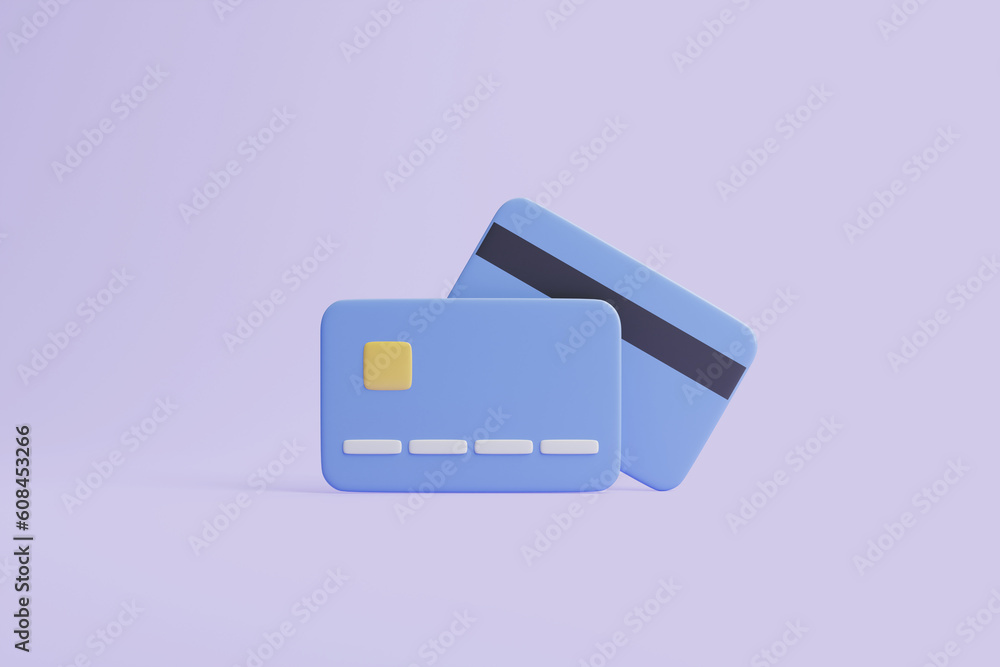 Two credit cards icon floats on pastel violet background. Business and online payment concept. 3d rendering illustration Two credit cards icon floats on pastel violet background. Business and online payment concept. 3d rendering illustration