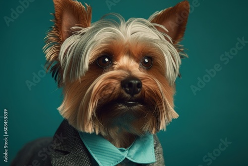 Anthropomorphic Yorkshire terrier dog dressed in a suit like a businessman. Business Concept. AI generated