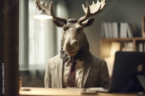Anthropomorphic moose in a suit like a businessman. Business Concept. AI generated, human enhanced