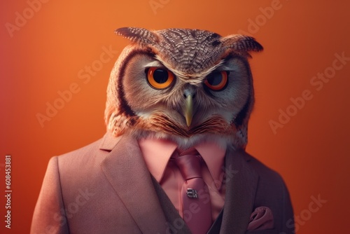 Anthropomorphic owl dressed in a suit like a businessman. Business Concept. AI generated  human enhanced