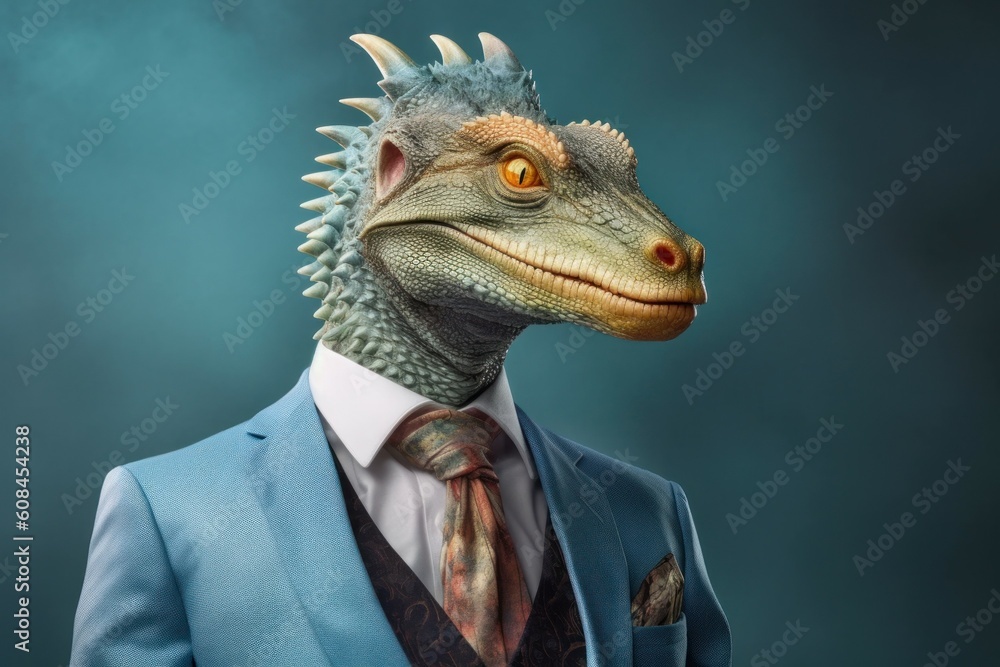 Anthropomorphic dragon dressed in a suit like a businessman. Business Concept. AI generated, human enhanced. Anthropomorphic dragon dressed in a suit like a businessman. Business Concept. AI generated, human enhanced.