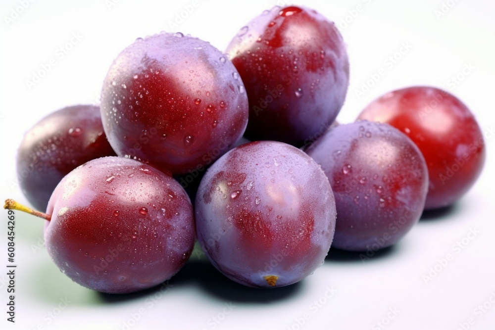 Appetizing tasty plums. The concept of proper nutrition and vitamins in the crop. AI generated, human enhanced. Appetizing tasty plums. The concept of proper nutrition and vitamins in the crop. AI generated, human enhanced.