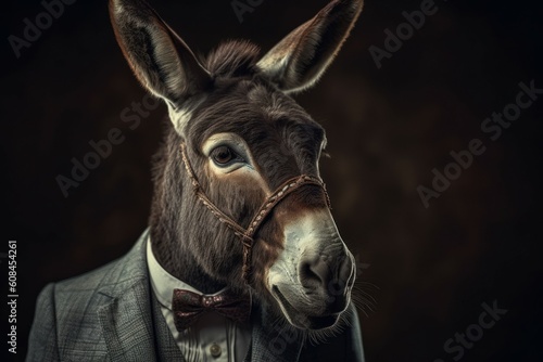 Anthropomorphic donkey dressed in a suit like a businessman. Business Concept. AI generated, human enhanced. © top images
