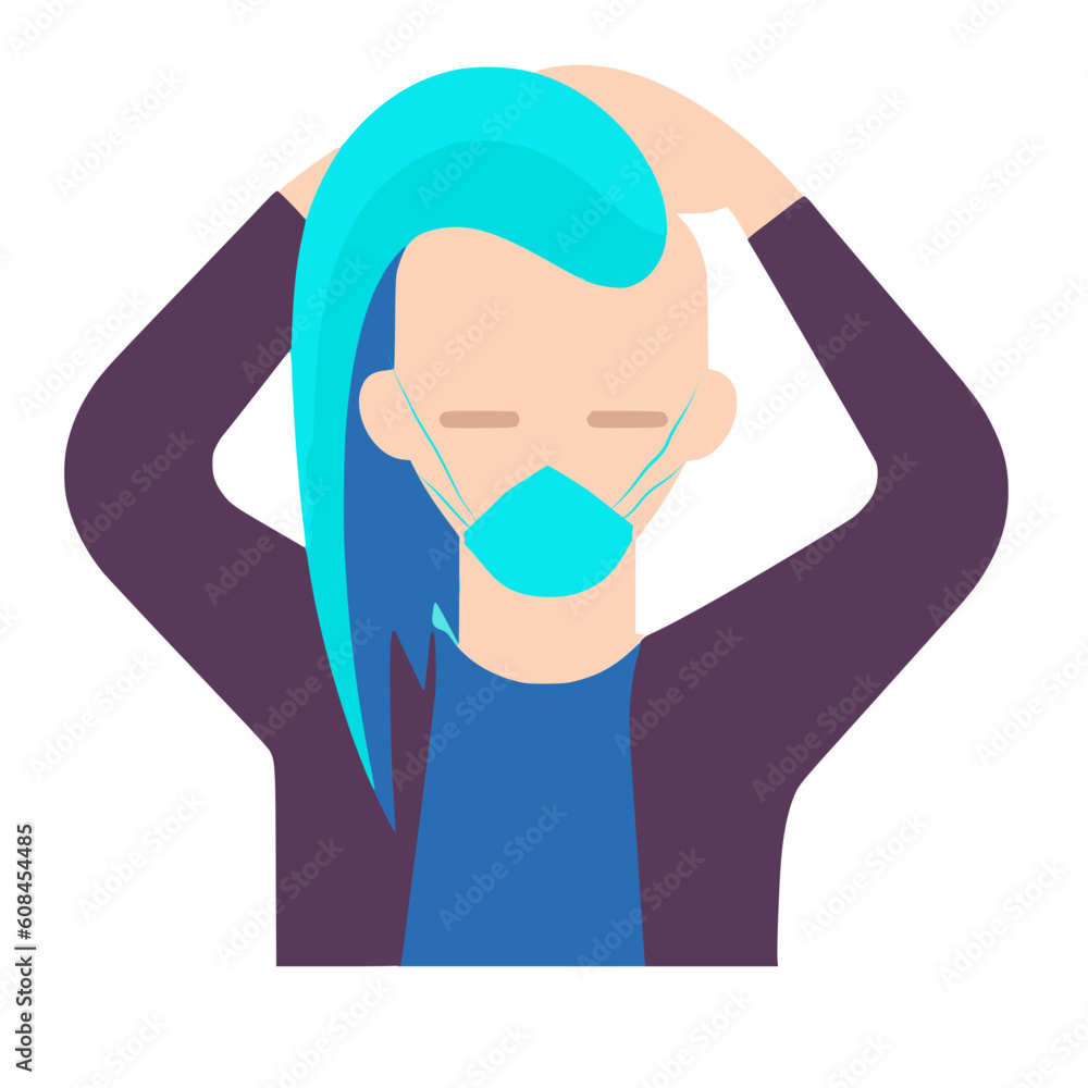 person with long blue hair wearing matching face mask; a flat vector illustration person with long blue hair wearing matching face mask; a flat vector illustration