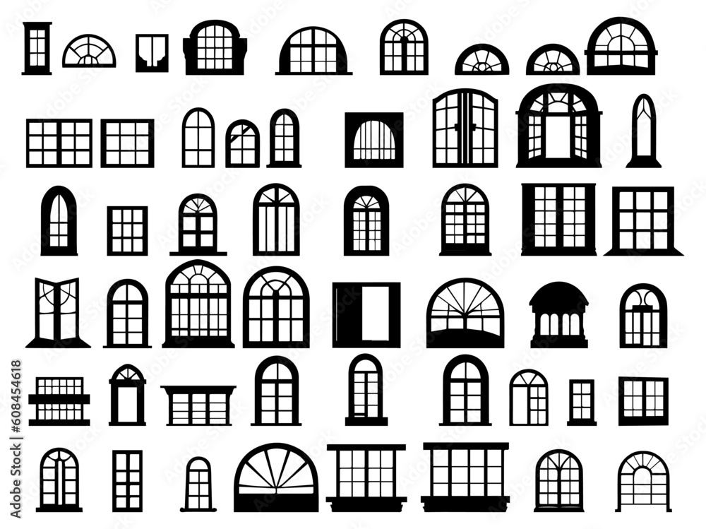 Vector illustration. Large set of Silhouettes. Window frames and windows.