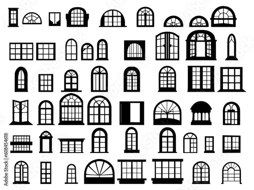 Vector illustration. Large set of Silhouettes. Window frames and windows.