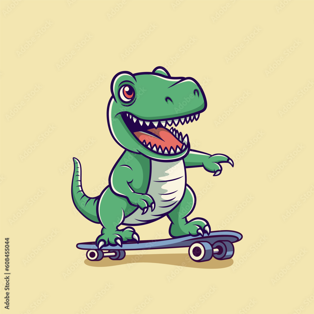 Vector Happy and Smiling Dinosaur. Cartoon Green Dinosaur Tyrannosaurus Rex, Tyrex with Outline on Skateboard, Design Template, Skater Dinosaur. Funny Print, T-shirt Design for Kids Vector Happy and Smiling Dinosaur. Cartoon Green Dinosaur Tyrannosaurus Rex, Tyrex with Outline on Skateboard, Design Template, Skater Dinosaur. Funny Print, T-shirt Design for Kids