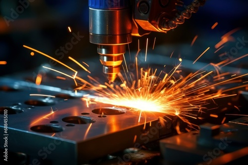 Robot welder. Automatic welding machine, close-up of the welding process. AI generated, human enhanced