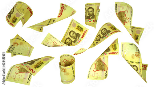 3D rendering of Burundian Franc notes flying in different angles and orientations isolated on transparent background
