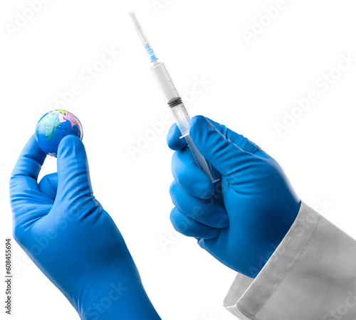 COVID. New strain of coronavirus. Syringe vaccinates the globe,