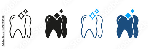 Dental Veneers Silhouette and Line Icons Set. Ceramic Teeth Installation, Tooth Shine Pictogram. Dentistry Symbol Collection. Dental Treatment Black and Color Sign. Isolated Vector Illustration