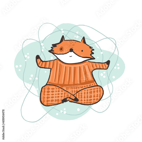 Cute sketch hand drawn vector orange fox illustration. Bright cartoon childish funny body positive yoga animal for kids print design, textile decoration, greeting cards, print, stickers, logo
