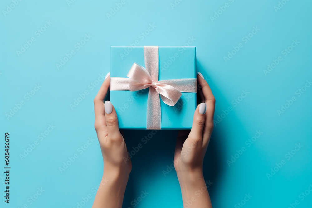 Woman hands holding a light blue giftbox with white satin bow on the blue background, top view. Generative AI Woman hands holding a light blue giftbox with white satin bow on the blue background, top view. Generative AI