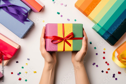 Woman hands holding a multi-colored gift box on the gradient background, top view. Generative AI photo
