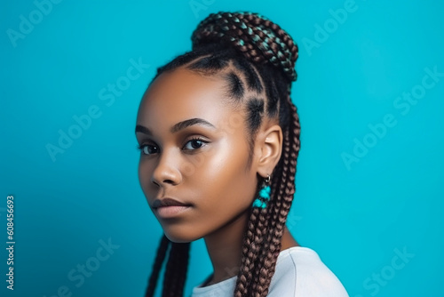 Young afro-american woman with braids on the blue background. Generative AI