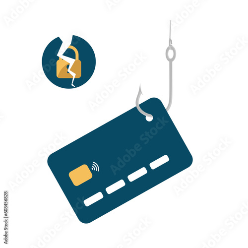 Hacking bank card protection. Credit card on a fishing hook. Theft of the users payment information. In case of suspicion, immediately inform the bank. Stop financial fraud. Vector