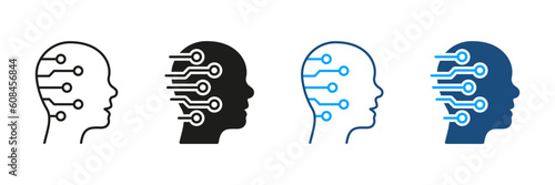 Digital Technology and Artificial Intelligence Pictogram. Tech Science Innovation Black and Color Symbol Collection. Human Head with Circuit Silhouette and Line Icon Set. Isolated Vector Illustration