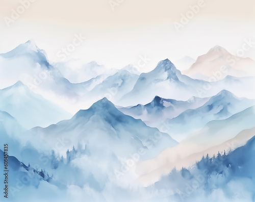 Painting style art of dreamy foggy Alps landscape, AI-generated image. 