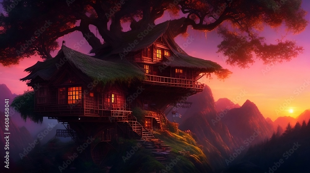 Tree house in a beautiful sunset, landscape, illustration Tree house in a beautiful sunset, landscape, illustration