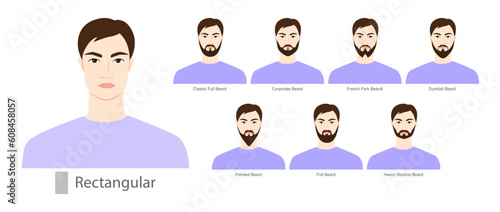 Set of Beard style for Rectangular face shape and mustache men illustration Facial hair. Vector black purple portrait male Fashion template flat barber collection. Stylish hairstyle isolated outline © Vectoressa