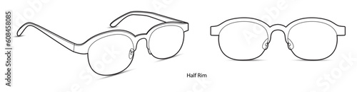 Half Rim frame glasses fashion accessory illustration. Sunglass front and 3-4 view for Men, women, unisex silhouette style, flat rim spectacles eyeglasses with lens sketch outline isolated on white