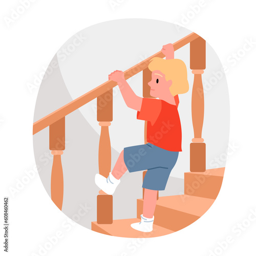 Danger to child at stairs vector illustration. Cartoon boy climbing on railing of high wooden staircase, curiosity and play of careless child on ladder, risk of falling from height and injury for kid
