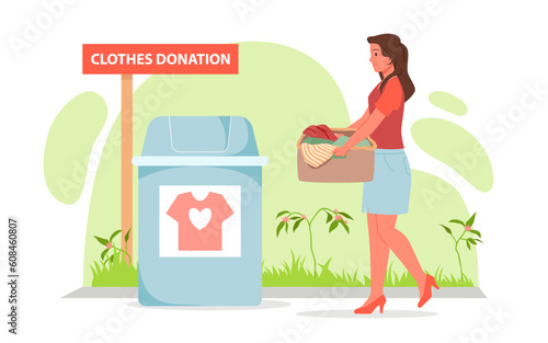 Recycle clothes donation, eco friendly fashion and charity vector illustration. Cartoon woman holding box to donate old used pile of shirts and dresses to cloth bank container