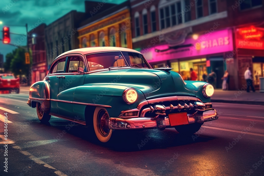 Vintage classic car driving in the street at dusk. Generative AI