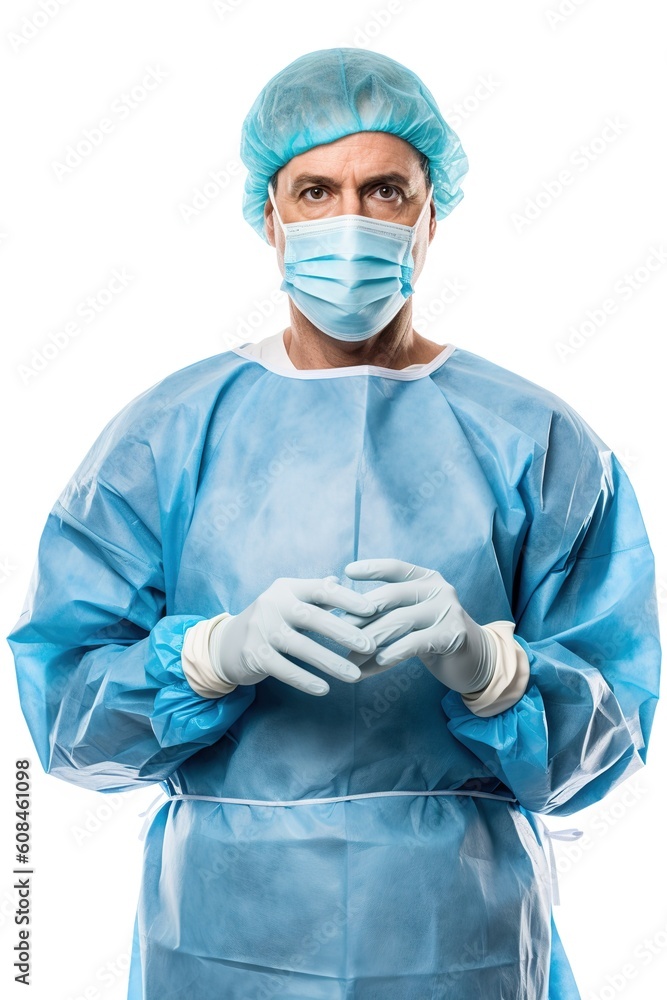 Surgeon wearing cap and surgical mask over white background. Generative AI vertical shot Surgeon wearing cap and surgical mask over white background. Generative AI vertical shot